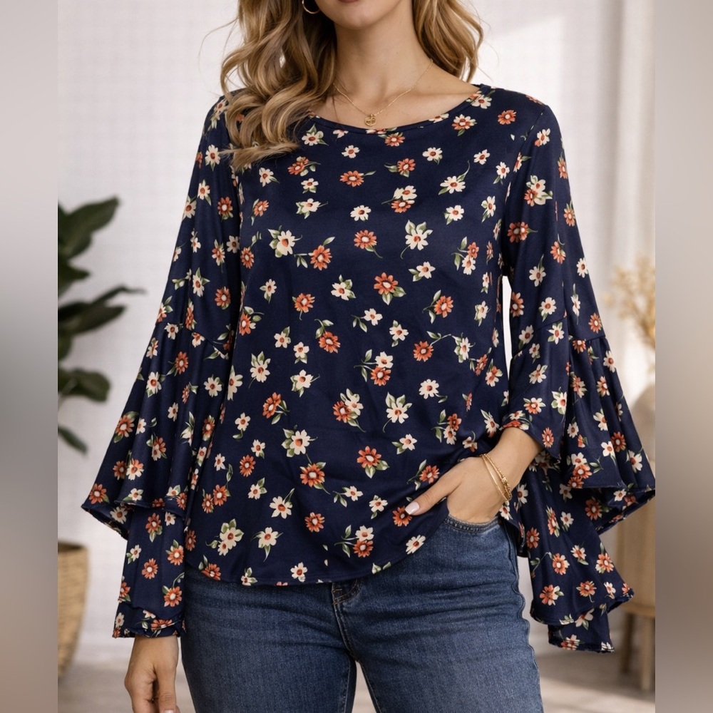 Milly Silk Bell Sleeve Floral Blouse